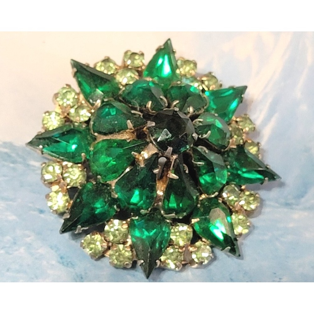 Vintage Large Green Rhinestone Brooch Pin, Mid-Century Layered Sparkly Glass